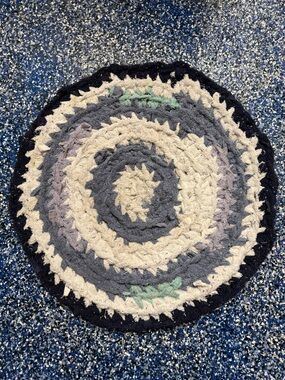 Handmade crocheted rag rug bathroom mat repurposed old towels Recycled 22.5”